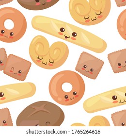 Bread funny characters seamless pattern. Happy smiling food mascot vector illustration isolated on white background. Wrapping paper, food hall, postcard concept. Fresh bakery, party, baguette, bagel.