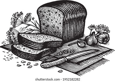 Bread with garlic and cumin, vector illustration. Vintage graphics and handwork. Drawing with an ink pen and pencil. Still life with bread, garlic and cumin. A collection of farm products.