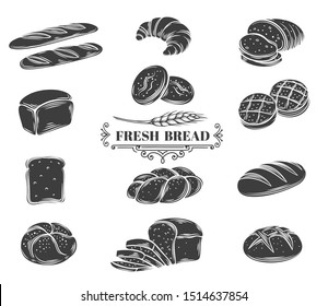 Iconos de glifo de pan establecidos. Rye, pan entero de grano y trigo, ciabatta, cruasán, pan tostado, baguette francesa. Decorativa colección de estilo retro, panadería aislada para el diseño de tiendas. Ilustración vectorial.