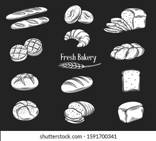 Bread glyph icons set. Rye, whole grain and wheat bread, ciabatta, croissant, toast bread, french baguette. Decorative retro style collection isolated bakery for shop design. Vector illustration.