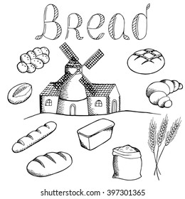 Bread graphic art set black white isolated illustration vector