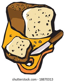Bread. The graphic still life with bread, knife and board.