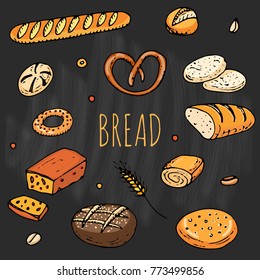 Bread Hand drawn doodles of cartoon food: rye bread, ciabatta, whole grain bread, bagel, sliced bread, french baguette, croissant, sandwich, cake. Bread set. Vector illustration. Sketch elements collection