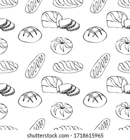 Bread hand drawn illustration. Pastry,  flour fresh bread sketches for bakery shop or cafeteria. Vector graphic, stylized image background for menu