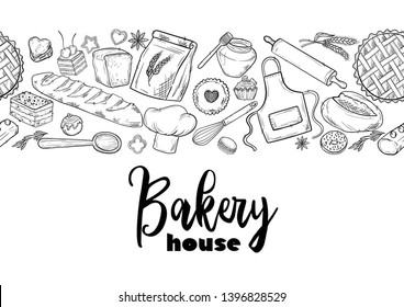 Bread Hand Drawn Illustration. Vintage Pastry, Desserts, Cakes, Wheat, Flour Fresh Bread Sketches For Bakery Shop Or Cafeteria. Seamless Pattern Vector Graphic, Stylized Image Background For Menu