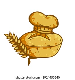 Bread. Hand drawn loaf. Retro Icon of the bakery. Cook cap. Food made of wheat and golden ear. Farm natural product.