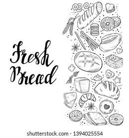 Bread hand drawn set illustration. Vintage pastry, desserts, cakes vector sketches for bakery shop or cafeteria. Other types of wheat, flour fresh bread. Vector graphic, stylized image of baking set g