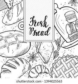 Bread hand drawn set illustration. Vintage pastry, desserts, cakes vector sketches for bakery shop or cafeteria. Other types of wheat, flour fresh bread. Vector graphic, stylized image of baking set g