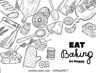 Bread hand drawn set illustration. Vintage pastry, desserts, cakes, wheat, flour fresh bread sketches for bakery shop or cafeteria. Vector graphic, stylized image set graphic element for menu