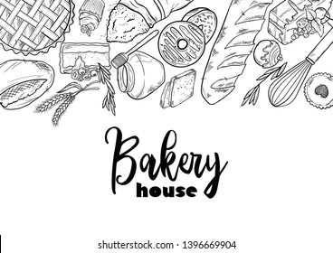 Bread hand drawn set illustration. Vintage pastry, desserts, cakes, wheat, flour fresh bread sketches for bakery shop or cafeteria. Vector graphic, stylized image set graphic element for menu