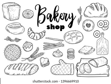 Bread hand drawn set illustration. Vintage pastry, desserts, cakes, wheat, flour fresh bread sketches for bakery shop or cafeteria. Vector graphic, stylized image set graphic element for menu