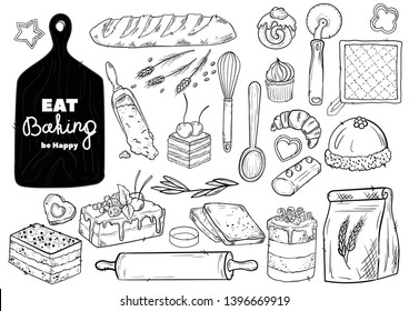 Bread hand drawn set illustration. Vintage pastry, desserts, cakes, wheat, flour fresh bread sketches for bakery shop or cafeteria. Vector graphic, stylized image set graphic element for menu