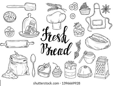 Bread hand drawn set illustration. Vintage pastry, desserts, cakes, wheat, flour fresh bread sketches for bakery shop or cafeteria. Vector graphic, stylized image set graphic element for menu