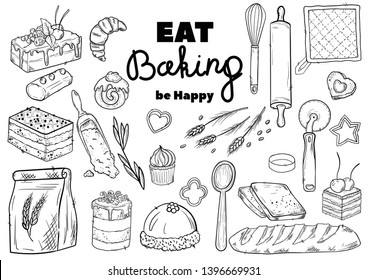 Bread hand drawn set illustration. Vintage pastry, desserts, cakes, wheat, flour fresh bread sketches for bakery shop or cafeteria. Vector graphic, stylized image set graphic element for menu