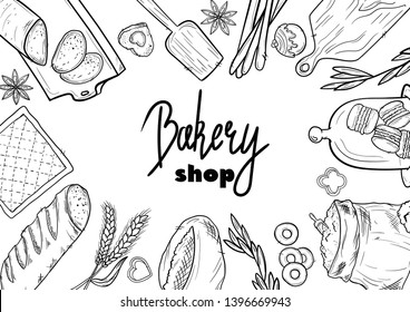 Bread hand drawn set illustration. Vintage pastry, desserts, cakes, wheat, flour fresh bread sketches for bakery shop or cafeteria. Vector graphic, stylized image set graphic element for menu