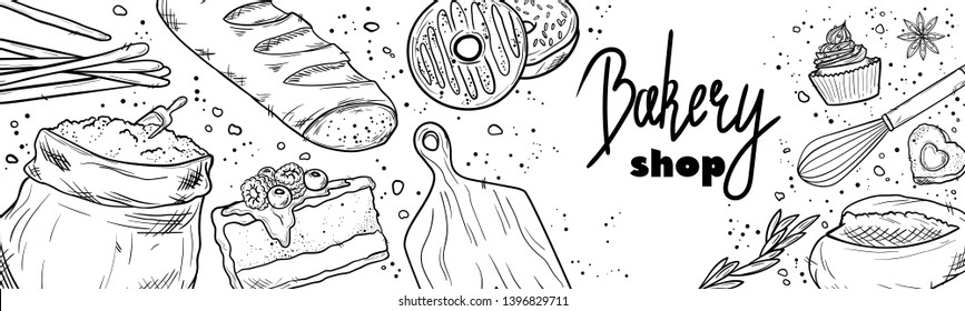 Bread hand drawn set illustration. Vintage pastry, desserts, cakes, wheat, flour fresh bread sketches for bakery shop or cafeteria. Vector graphic, stylized image set graphic element for menu