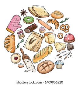  Bread hand drawn set illustration. Vintage pastry, desserts, cakes, wheat, flour fresh bread sketches for bakery shop or cafeteria. Vector graphic, stylized image set graphic element for menu