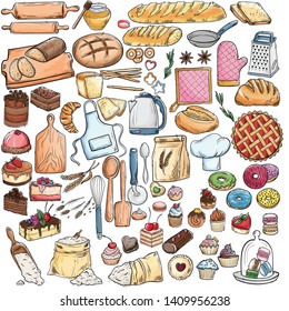  Bread hand drawn set illustration. Vintage pastry, desserts, cakes, wheat, flour fresh bread sketches for bakery shop or cafeteria. Vector graphic, stylized image set graphic element for menu