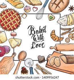  Bread hand drawn set illustration. Vintage pastry, desserts, cakes, wheat, flour fresh bread sketches for bakery shop or cafeteria. Vector graphic, stylized image set graphic element for menu