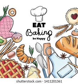 Bread hand drawn set illustration. Vintage watercolor pastry, desserts, cakes, wheat, flour fresh bread sketches for bakery shop or cafeteria. Vector graphic, stylized image set element for menu