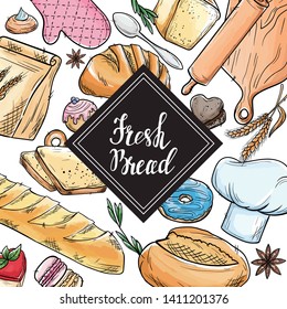 Bread hand drawn set illustration. Vintage watercolor pastry, desserts, cakes, wheat, flour fresh bread sketches for bakery shop or cafeteria. Vector graphic, stylized image set element for menu