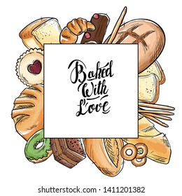 Bread hand drawn set illustration. Vintage watercolor pastry, desserts, cakes, wheat, flour fresh bread sketches for bakery shop or cafeteria. Vector graphic, stylized image set element for menu
