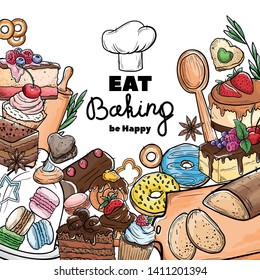 Bread hand drawn set illustration. Vintage watercolor pastry, desserts, cakes, wheat, flour fresh bread sketches for bakery shop or cafeteria. Vector graphic, stylized image set element for menu
