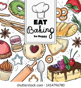 Bread hand drawn set illustration. Vintage watercolor pastry, desserts, cakes, wheat, flour fresh bread sketches for bakery shop or cafeteria. Vector graphic, stylized image set element for menu