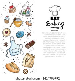 Bread hand drawn set illustration. Vintage watercolor pastry, desserts, cakes, wheat, flour fresh bread sketches for bakery shop or cafeteria. Vector graphic, stylized image set element for menu