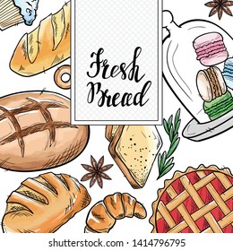 Bread hand drawn set illustration. Vintage watercolor pastry, desserts, cakes, wheat, flour fresh bread sketches for bakery shop or cafeteria. Vector graphic, stylized image set element for menu
