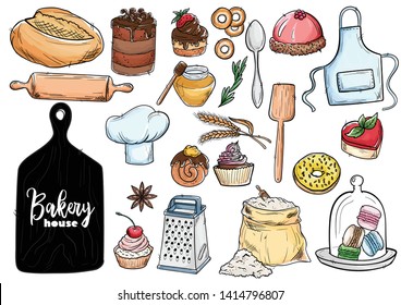 Bread hand drawn set illustration. Vintage watercolor pastry, desserts, cakes, wheat, flour fresh bread sketches for bakery shop or cafeteria. Vector graphic, stylized image set element for menu