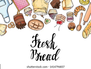 Bread hand drawn set illustration. Vintage watercolor pastry, desserts, cakes, wheat, flour fresh bread sketches for bakery shop or cafeteria. Vector graphic, stylized image set element for menu