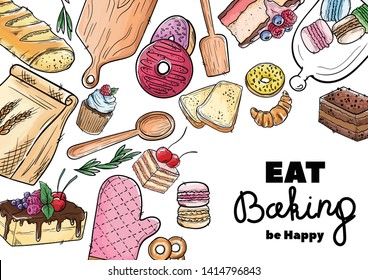 Bread hand drawn set illustration. Vintage watercolor pastry, desserts, cakes, wheat, flour fresh bread sketches for bakery shop or cafeteria. Vector graphic, stylized image set element for menu