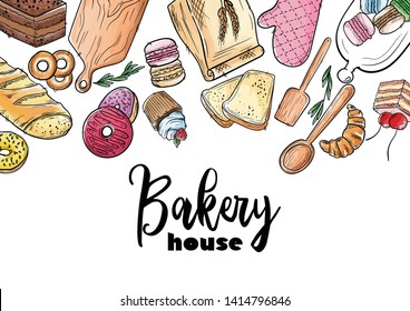 Bread hand drawn set illustration. Vintage watercolor pastry, desserts, cakes, wheat, flour fresh bread sketches for bakery shop or cafeteria. Vector graphic, stylized image set element for menu