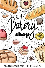 Bread hand drawn set illustration. Vintage watercolor pastry, desserts, cakes, wheat, flour fresh bread sketches for bakery shop or cafeteria. Vector graphic, stylized image set element for menu