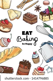 Bread hand drawn set illustration. Vintage watercolor pastry, desserts, cakes, wheat, flour fresh bread sketches for bakery shop or cafeteria. Vector graphic, stylized image set element for menu
