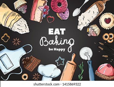Bread hand drawn set illustration. Vintage watercolor pastry, wheat, flour fresh bread sketches for bakery shop or cafeteria on blackboard. Vector graphic, stylized image set element for menu
