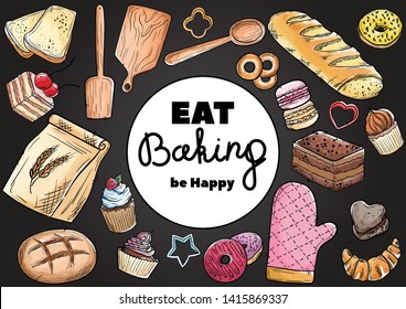 Bread hand drawn set illustration. Vintage watercolor pastry, wheat, flour fresh bread sketches for bakery shop or cafeteria on blackboard. Vector graphic, stylized image set element for menu