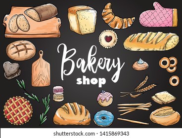 Bread hand drawn set illustration. Vintage watercolor pastry, wheat, flour fresh bread sketches for bakery shop or cafeteria on blackboard. Vector graphic, stylized image set element for menu