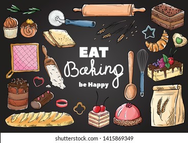 Bread hand drawn set illustration. Vintage watercolor pastry, wheat, flour fresh bread sketches for bakery shop or cafeteria on blackboard. Vector graphic, stylized image set element for menu