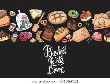 Bread hand drawn set illustration. Vintage watercolor pastry, wheat, flour fresh bread sketches for bakery shop or cafeteria on blackboard. Vector graphic, stylized image set element for menu