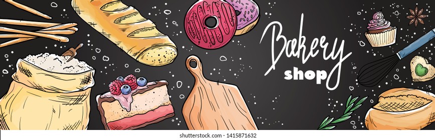Bread hand drawn set illustration. Vintage watercolor pastry, wheat, flour fresh bread sketches for bakery shop or cafeteria on blackboard. Vector graphic, stylized image set element for menu