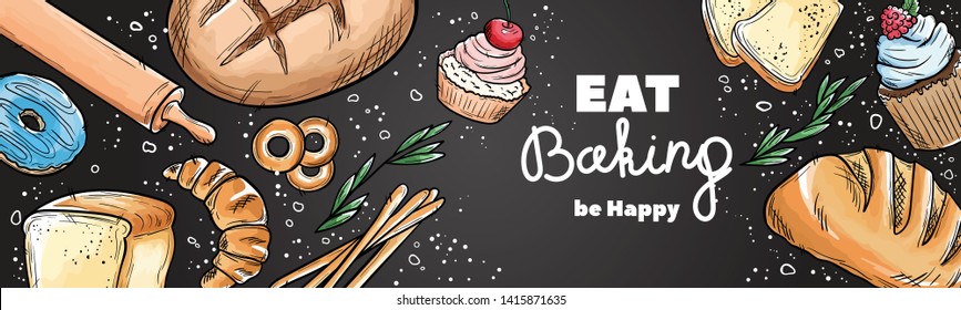 Bread hand drawn set illustration. Vintage watercolor pastry, wheat, flour fresh bread sketches for bakery shop or cafeteria on blackboard. Vector graphic, stylized image set element for menu