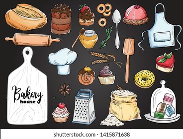 Bread hand drawn set illustration. Vintage watercolor pastry, wheat, flour fresh bread sketches for bakery shop or cafeteria on blackboard. Vector graphic, stylized image set element for menu