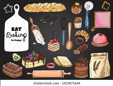 Bread hand drawn set illustration. Vintage watercolor pastry, wheat, flour fresh bread sketches for bakery shop or cafeteria on blackboard. Vector graphic, stylized image set element for menu