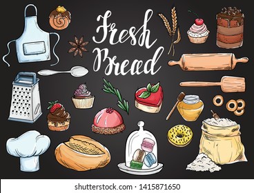 Bread hand drawn set illustration. Vintage watercolor pastry, wheat, flour fresh bread sketches for bakery shop or cafeteria on blackboard. Vector graphic, stylized image set element for menu