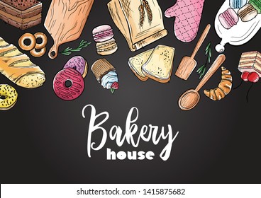 Bread hand drawn set illustration. Vintage watercolor pastry, wheat, flour fresh bread sketches for bakery shop or cafeteria on blackboard. Vector graphic, stylized image set element for menu