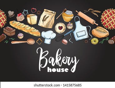 Bread hand drawn set illustration. Vintage watercolor pastry, wheat, flour fresh bread sketches for bakery shop or cafeteria on blackboard. Vector graphic, stylized image set element for menu