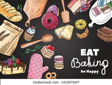 Bread hand drawn set illustration. Vintage watercolor pastry, wheat, flour fresh bread sketches for bakery shop or cafeteria on blackboard. Vector graphic, stylized image set element for menu