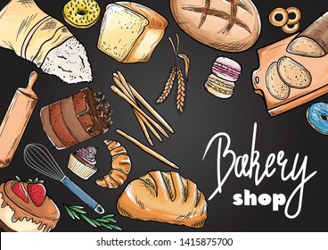 Bread hand drawn set illustration. Vintage watercolor pastry, wheat, flour fresh bread sketches for bakery shop or cafeteria on blackboard. Vector graphic, stylized image set element for menu